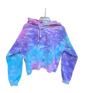 Unisex Tie Dye Crop Hoodie Size Medium Lavender Turquoise and Pink Long Sleeve